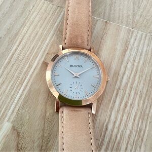 Bulova ladies rose gold tone tan leather dress watch NEW BATTERY
